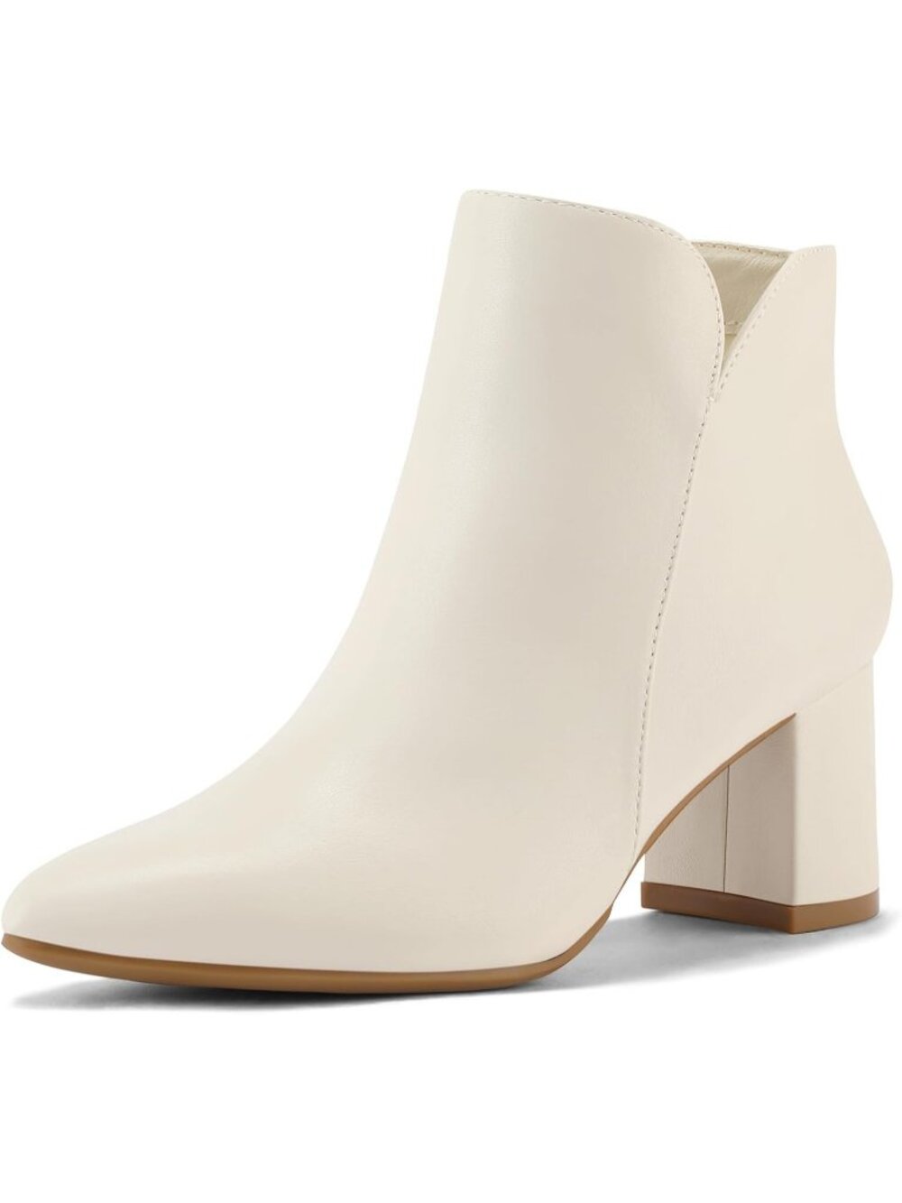 Women's Cream Pu Ankle Boots Chunky Block Heel Pointed Toe Booties Side Zipper